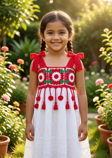 ক্রিমসন ফ্লোরাল ক্রোশেট ফ্রক